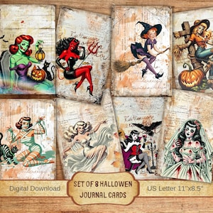 Juego de tarjetas imprimibles vintage de Halloween, papelería navideña DIY, efímeras de Halloween para diario basura, tarjeta ATC única hecha a mano, temporada espeluznante