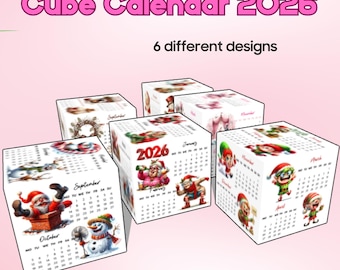 Calendário de cubo engraçado 2026 para imprimir, artesanato 3D feito à mão, caixas de presente de calendário de Natal rosa, ilustrações de Natal em aquarela