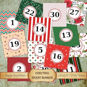 Afdrukbare kerstadventnummerkaarten, doe-het-zelf feestelijke kerstversieringen, dagelijkse decembernummers, aftellen naar kerst, kerstcadeauversiering