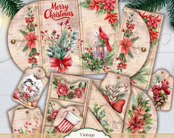 Holiday Christmas Folio Kit, Junk Journal Folio Printable, Christmas Pockets, Craft Folio Booklet , Mini Folio, Handmade Christmas Gift