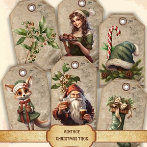 May include: Six vintage Christmas gift tags with various illustrations. The tags are brown with a distressed look and have a hole punched in the top. The illustrations include a fox, Santa Claus, a woman holding a plate of cookies, a stocking, a candy cane, and a sprig of holly.