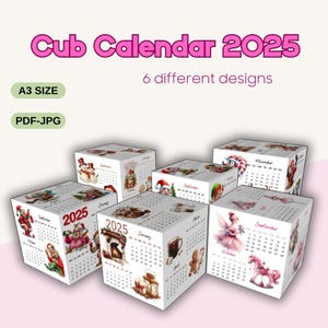 Funny Cube Calendar 2025 Printable, Handmade 3d Crafts, Pink Christmas Calendar Gift Boxes, Watercolor Christmas Illustrations