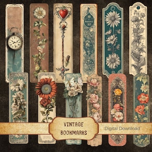 Puede incluir: Conjunto de diez marcapáginas florales vintage con marcos ornamentados. Los marcapáginas presentan una variedad de flores, incluyendo rosas, girasoles y margaritas, en tonos de rojo, amarillo, rosa y blanco. Los marcapáginas son perfectos para añadir un toque de encanto vintage a tu experiencia de lectura.