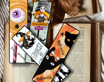Halloween Bookmarks Set,Cat Witch Skull Eyeball Designs,Spooky Book Lovers Gift,Ghost Pumpkin Bookmark,Witches Bookmark,Illustrated bookmark