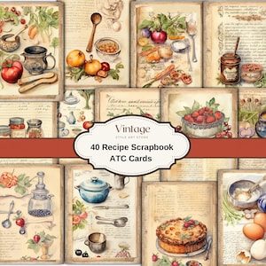 Conjunto de 40 tarjetas ATC de álbum de recortes de recetas vintage, mini papeles imprimibles, suministros de diarios efímeros y basura, tarjeta ATC única hecha a mano