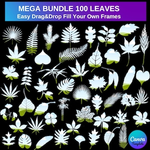Peut inclure: Une collection de 100 silhouettes de feuilles blanches sur un fond noir. Les feuilles sont de formes et de tailles variées, et certaines ont un subtil dégradé vert. Le texte "MEGA BUNDLE 100 LEAVES" et "Easy Drag&Drop Fill Your Own Frames" est en haut de l'image.