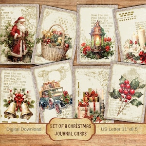 Conjunto de tarjetas de diario de Navidad vintage imprimible, papelería navideña de bricolaje, efímera navideña para diario basura, tarjeta ATC hecha a mano única, tarjeta de Navidad