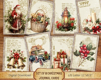May include: Set of eight printable Christmas journal cards featuring vintage illustrations of Santa Claus, a basket of fruit, a lantern, candles, a car with gifts, a bell, and a wreath. The cards are designed for use with a US Letter size journal.