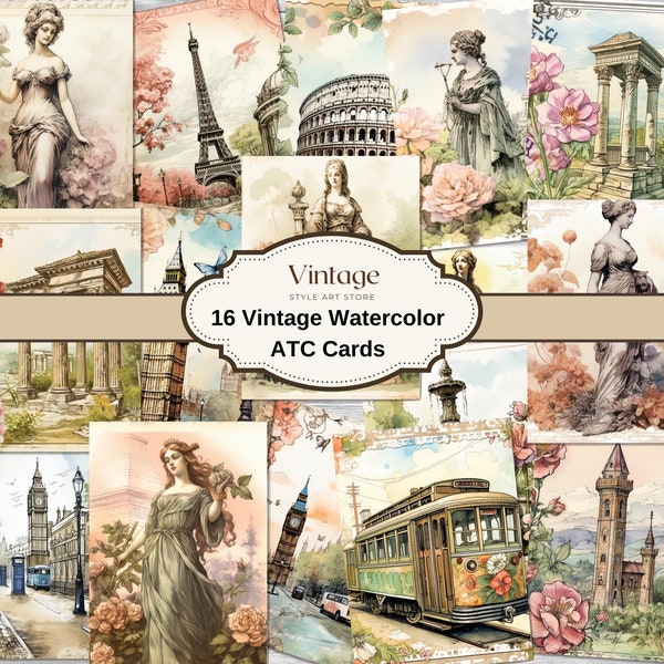 Set of 16 Vintage Watercolor ATC Cards, Vintage Inspired Ephemera Prints,Ephemera and Junk Journal Supplies,Mini Papers,Pink Paris Atc Card