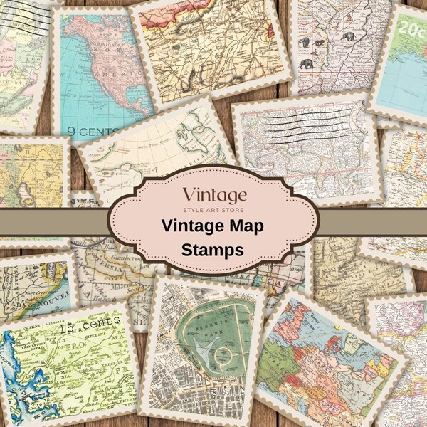 Vintage Map Stamps - Printable Nostalgia for DIY Crafting and Scrapbooking, Old Postage Stamps for Junk Journal Kit,Vintage Stamp Collection