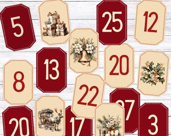 Printable Christmas Numbers Tag,Christmas Numbers Tag for Junk Journal,DIY Festive Holiday Decorations,December Daily Numbers,Countdown,1-27