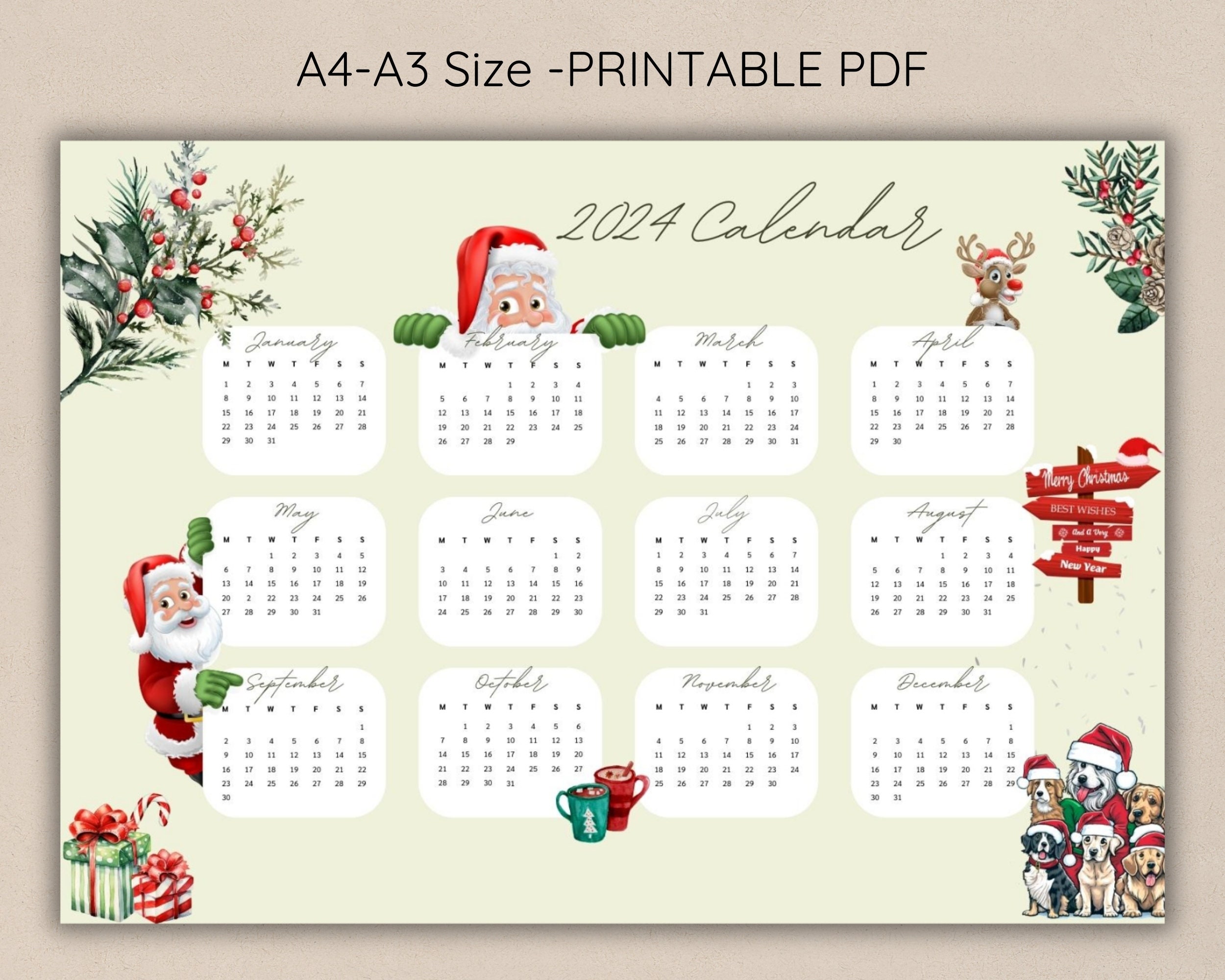 Printable 2024 Christmas Calendar, 2024 Noel Yearly Wall Calendar, New