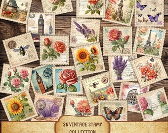 36 vintage postzegelverzameling, oude postzegels voor junk Journal Kit, zonnebloem- en roosstempel, nep vlinder- en bijstempel, nostalgische stempel