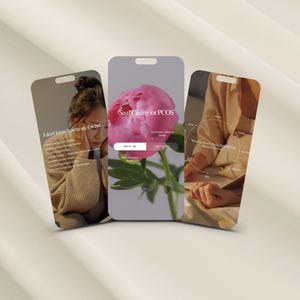May include: Three smartphones displaying information. The center phone shows a pink peony with the text "Seed Cycling for PCOS." The left phone displays text and a person. The right phone shows a diagram. The phones are arranged on a cream-colored surface.