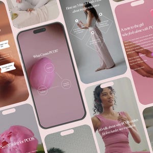 May include: A collection of pink-themed smartphone screens displaying information about PCOS (Polycystic Ovary Syndrome). The screens feature text, graphics, and images related to health, wellness, and lifestyle. Some screens include text like "What Causes PCOS?" and "Seed Cycling for PCOS."