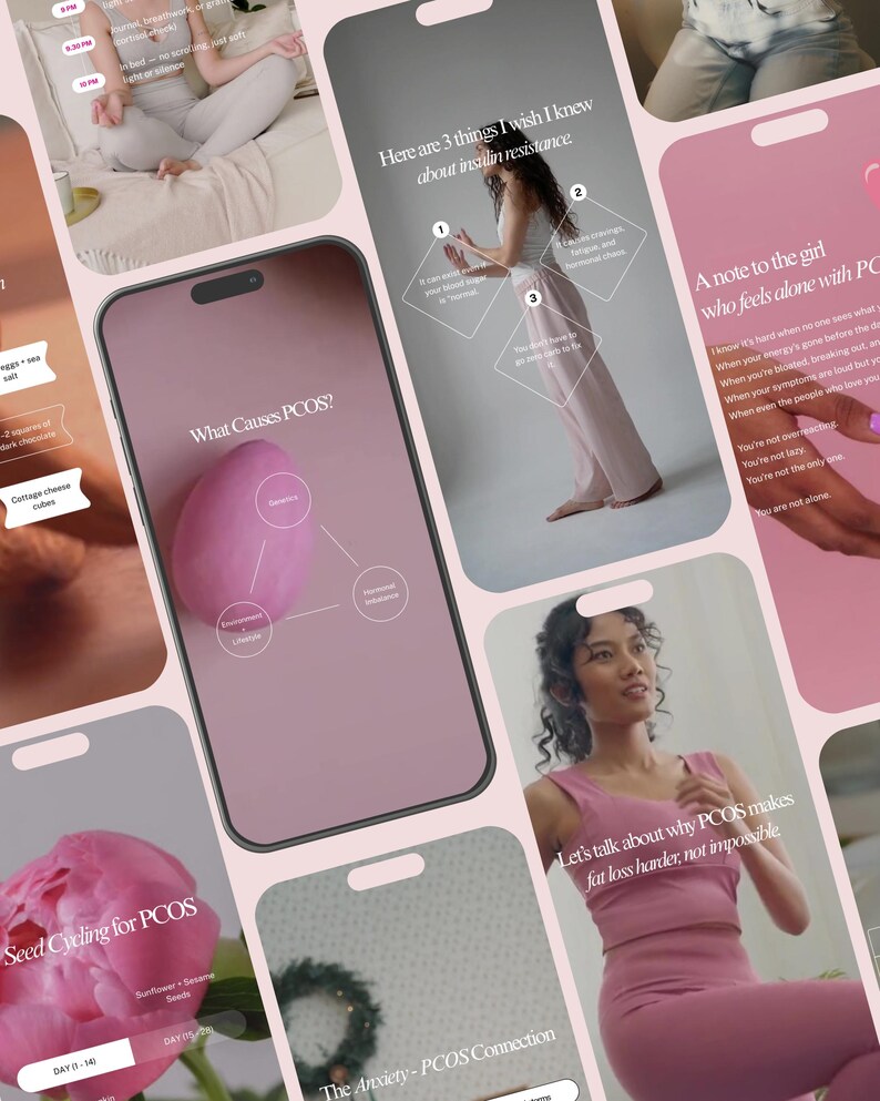 May include: A collection of pink-themed smartphone screens displaying information about PCOS (Polycystic Ovary Syndrome). The screens feature text, graphics, and images related to health, wellness, and lifestyle. Some screens include text like "What Causes PCOS?" and "Seed Cycling for PCOS."