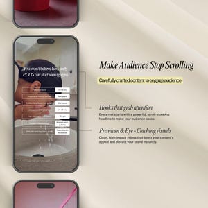 May include: A digital marketing graphic with three smartphone screens. The top screen shows text about sugar cravings and mood swings. The middle screen displays information about PCOS symptoms. The bottom screen shows text about fitness advice. The text "Make Audience Stop Scrolling" is also visible.