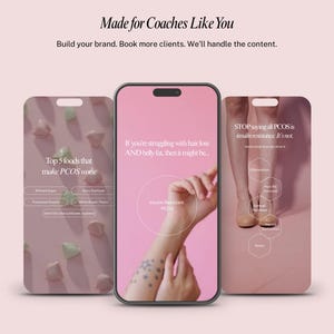 May include: A promotional image featuring three smartphones with pink screens. The central phone displays text about PCOS and insulin resistance. The other phones show lists of foods and potential causes. The top text reads "Made for Coaches Like You."