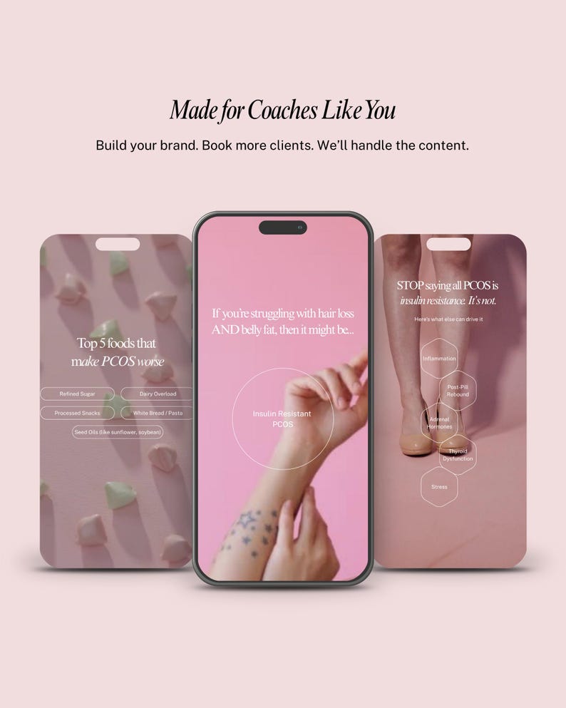 May include: A promotional image featuring three smartphones with pink screens. The central phone displays text about PCOS and insulin resistance. The other phones show lists of foods and potential causes. The top text reads "Made for Coaches Like You."
