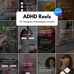 Könnte beinhalten: Eine Sammlung von Social-Media-Grafiken zum Thema ADHS, die Themen wie Therapie, kognitive Verhaltenstherapie und das Verständnis der Klienten behandeln. Die Grafiken zeigen Bilder von Personen, Texten und Designelementen.