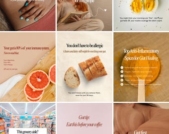 Gut Health Social Media Templates, Nutrition Coach Canva Branding