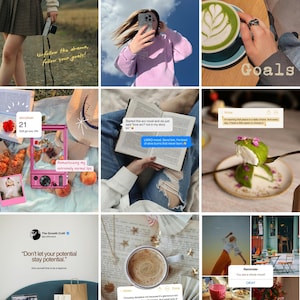 Op de afbeelding: Een collage van lifestyle-afbeeldingen met een persoon met een camera, een selfie, een latte, een boek, cake, een laptop, boodschappentassen en een tafelsetting. Tekst bevat "Unfollow the drama, follow your goals!" en "Don't let your potential stay potential."