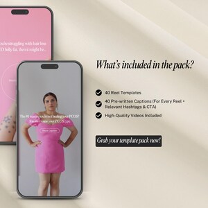 May include: Two smartphones display content. One shows a woman in a pink dress, text reads "The #1 reason you're not healing your PCOS? You don't know your PCOS type." The other phone shows text: "What's included in the pack?" and a list of features.