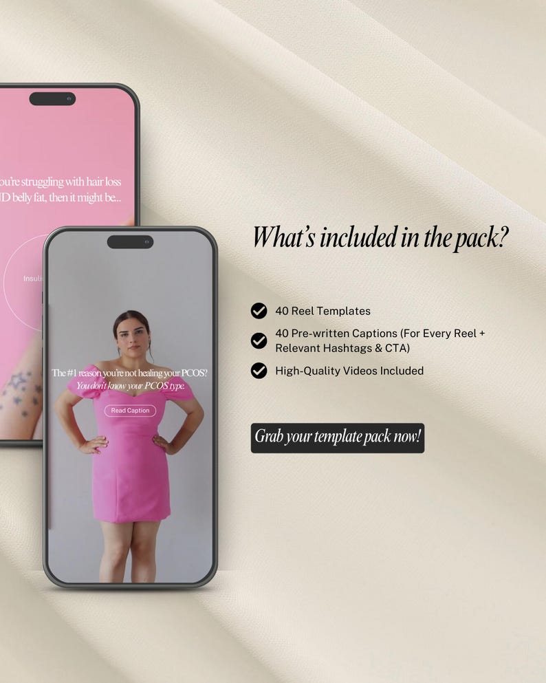 May include: Two smartphones display content. One shows a woman in a pink dress, text reads "The #1 reason you're not healing your PCOS? You don't know your PCOS type." The other phone shows text: "What's included in the pack?" and a list of features.