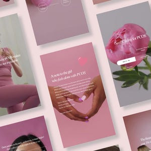 Puede incluir: Una colección de tarjetas informativas rosas y blancas con texto y gráficos. Una tarjeta muestra una mano formando un corazón. Otra tarjeta muestra una flor de peonía rosa. El tema parece estar relacionado con la salud y el bienestar de las mujeres.