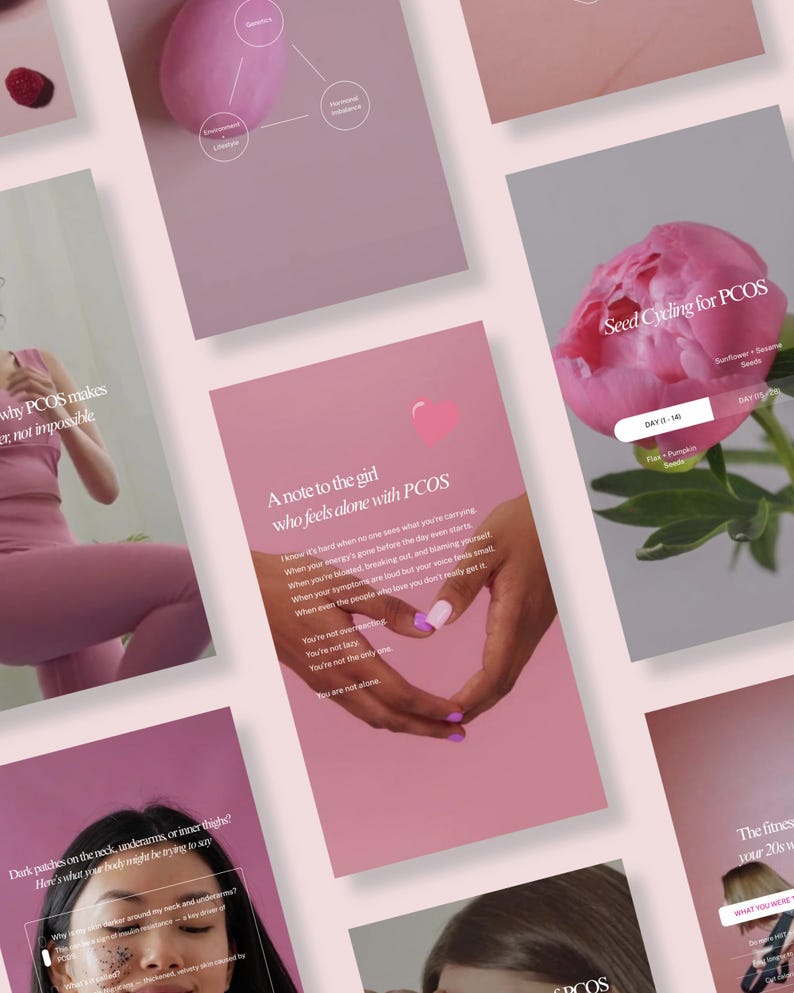 May include: A collection of pink and white informational cards with text and graphics. One card features a hand forming a heart shape. Another card shows a pink peony flower. The theme appears to be related to women's health and wellness.