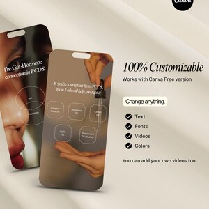 May include: Two smartphone mockups with text about PCOS and hair loss, featuring oil bottles. The text reads "The Gut-Hormone connection in PCOS" and "If you're losing hair from PCOS these 5 oils will help you fight it." The Canva logo is in the upper right corner.