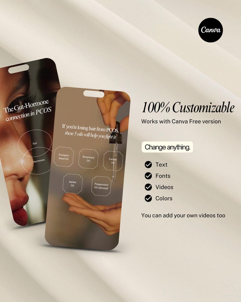 May include: Two smartphone mockups with text about PCOS and hair loss, featuring oil bottles. The text reads "The Gut-Hormone connection in PCOS" and "If you're losing hair from PCOS these 5 oils will help you fight it." The Canva logo is in the upper right corner.