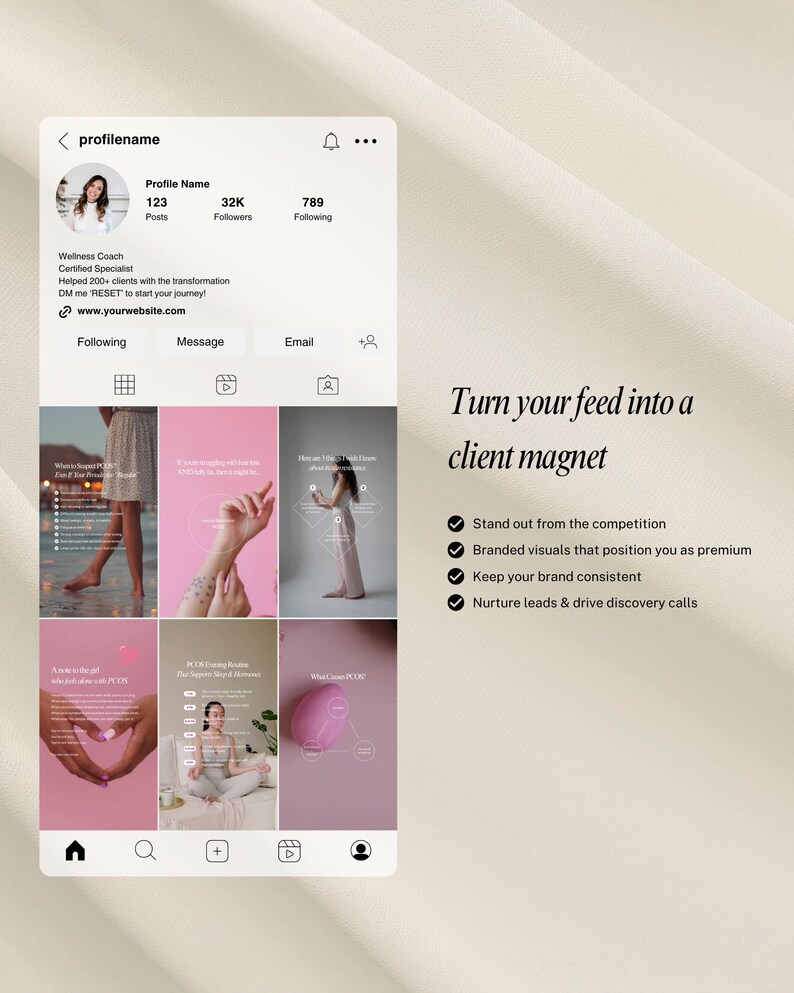 May include: Screenshot of an Instagram profile with a wellness coach's information, including profile name, follower count, and website. The feed displays various pink-themed posts with text, and the caption reads, "Turn your feed into a client magnet."