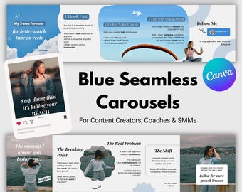 Instagram Seamless Carousel Templates For Content Creators, Coaches & Social Media Managers | Blue Canva Bundle