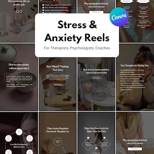 Op de afbeelding: Een promotionele afbeelding getiteld "Stress & Anxiety Reels" voor therapeuten, psychologen en coaches. De afbeelding bevat meerdere panelen met tekst over angstmanagement, waaronder "Hoe te herstellen van een angstpiek" en "Mindset Shifts That Help with Stress & Anxiety."