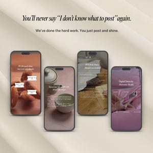 May include: Four smartphones displaying information on PCOS and hormone health. The screens show text and images related to snack ideas, spearmint tea, dairy, and digital detoxing. The background is a cream-colored fabric with text at the top.