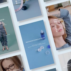 Könnte beinhalten: Eine Sammlung von Informationskarten auf hellblauem Hintergrund. Die Karten behandeln Themen wie Augenpflege, einschließlich LASIK-Erholung, Kontaktlinsenfehler und Sehgesundheit. Text und Bilder sind auf den Karten sichtbar.