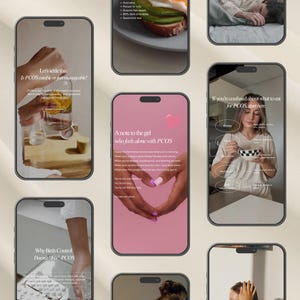 May include: A collection of smartphone screens displaying information related to PCOS (Polycystic Ovary Syndrome). The screens feature text, images of food, and graphics. Topics include diet, birth control, and emotional support.
