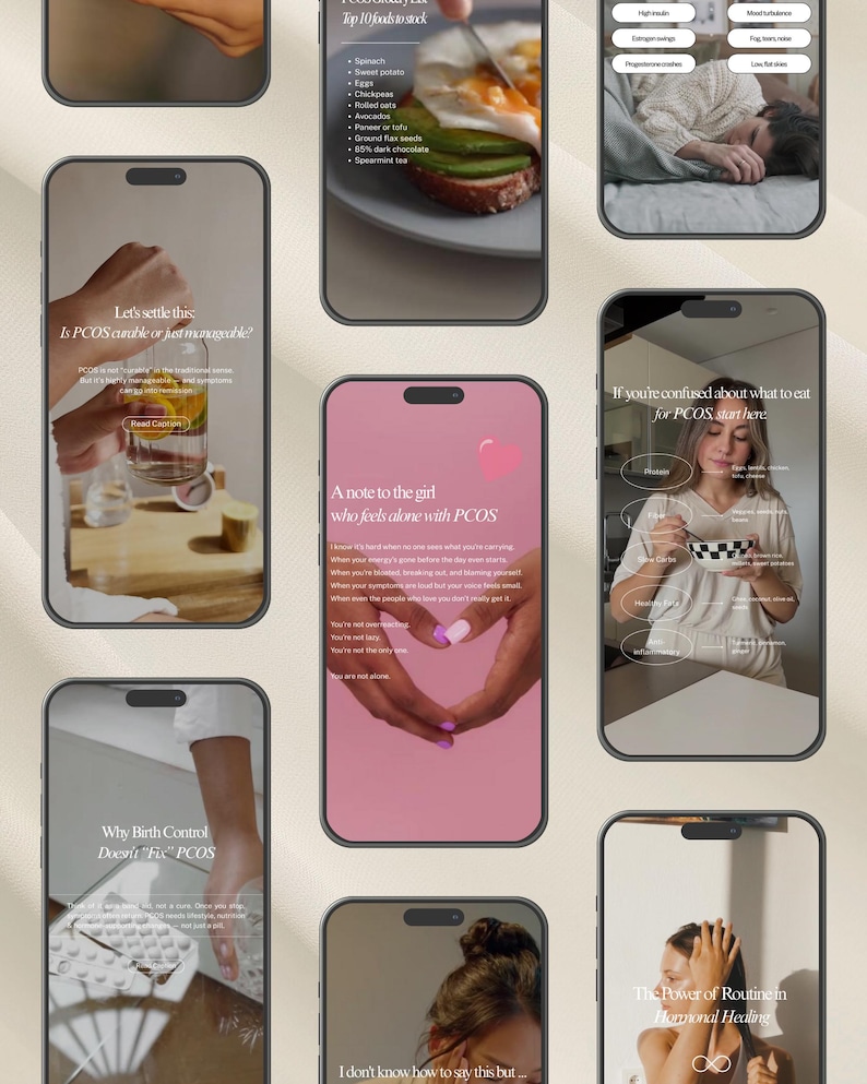 May include: A collection of smartphone screens displaying information related to PCOS (Polycystic Ovary Syndrome). The screens feature text, images of food, and graphics. Topics include diet, birth control, and emotional support.
