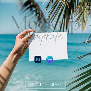 Oceaan bruiloft kaartmodel, zomer uitnodigingsmodel, landschap uitnodigingskaart in hand model, canvas/PSD strandfeest horizontale uitnodigingsmodel