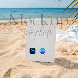 Mockup de convite de casamento 5x7, mockup de cartão para festa na praia em PSD/Canvas, mockup de papelaria para casamento, mockup de cartão com objeto inteligente, mockup de reserva de data