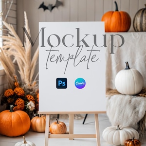 18x24 Autumn Halloween Sign Mockup, Fall Wedding Poster Mockup PSD, Welcome Sign Mockup Canva, Pumpkins Easel Sign Mockup, Event Sign Mockup