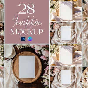 Bundle di mockup di biglietti di nozze, mockup di biglietti di auguri romantici, mockup di suite di inviti floreali, bundle di mockup modificabili 5x7, mockup di biglietti di compleanno