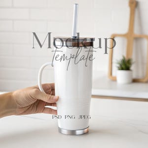 Boho Tumbler with Handle Mockup, Hand Holding White Tumbler Mockup, PSD/Canva Aesthetic Tumbler Mockup, Drag and Drop Tumbler Template Mock