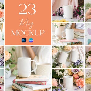 Coffee Mug Mockup Bundle, PSD/Canva Boho White Mug Mockup Bundle, Aesthetic Ceramic Cup Mockups, Tea Mug Mockup Bundle, Mug Template Mockups