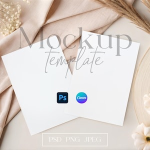 Mockup bruidsuitnodiging, dubbele 5 x 7-kaart PSD-mockup, kaartmodel bruiloftset, mock-up voor 2 pagina's, boho-wenskaartmodel
