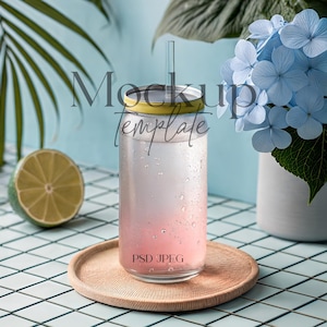 Soda Glass Can Mockup, Boho Glass Can Mockup, Libbey Glass Mockup, Glass Beer Can Mockup, Glass Soda Cup Mockup PSD, 16 oz Glass Can Mockup