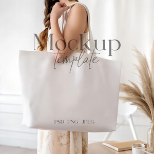 Large Tote Bag Mockup, Shopping Bag Mockup with Model, PSD/Canva Blank Tote Mockup, Woman Holding Large Tote Mockup, Canvas Tote Bag Mockup