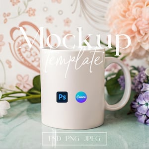 Minimalist Mug Mockup, PSD/Canva 11oz Mug Mockup, Boho Cup Mockup, Ceramic Mug Mockup, Floral Blank Mug Mockup, Elegant Coffee Cup Mockup