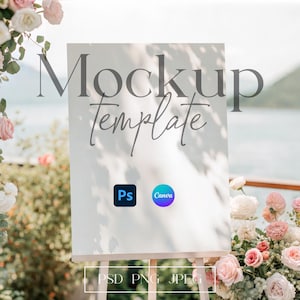 Zomer bruiloft welkomstbord mockup, 18 x 24 bloemen evenement bord mockup, stoelindeling mockup, boho welkomstbord mockup, ezel bord mockup